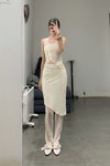 Un Morceau elastic lace oblique blooming half skirt UM231XZ11 light yellow PUM40